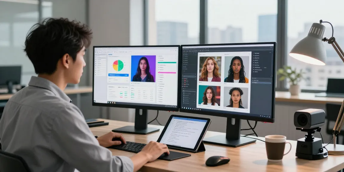 AI image detector in a modern workspace with dual monitors analyzing generated images.