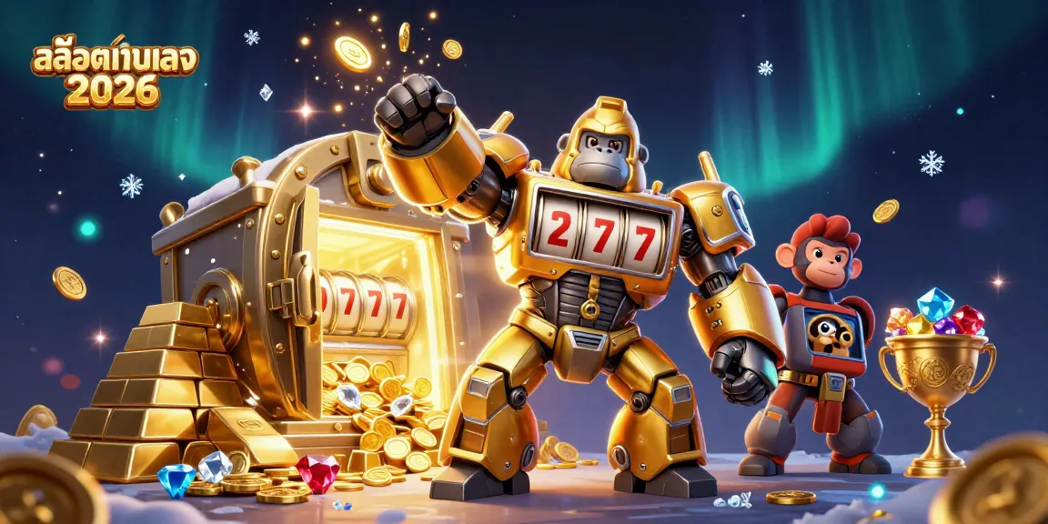 Experience สล็อตเว็บตรง 2026 with a dynamic illustration featuring a mech gorilla, treasures, and slot elements.