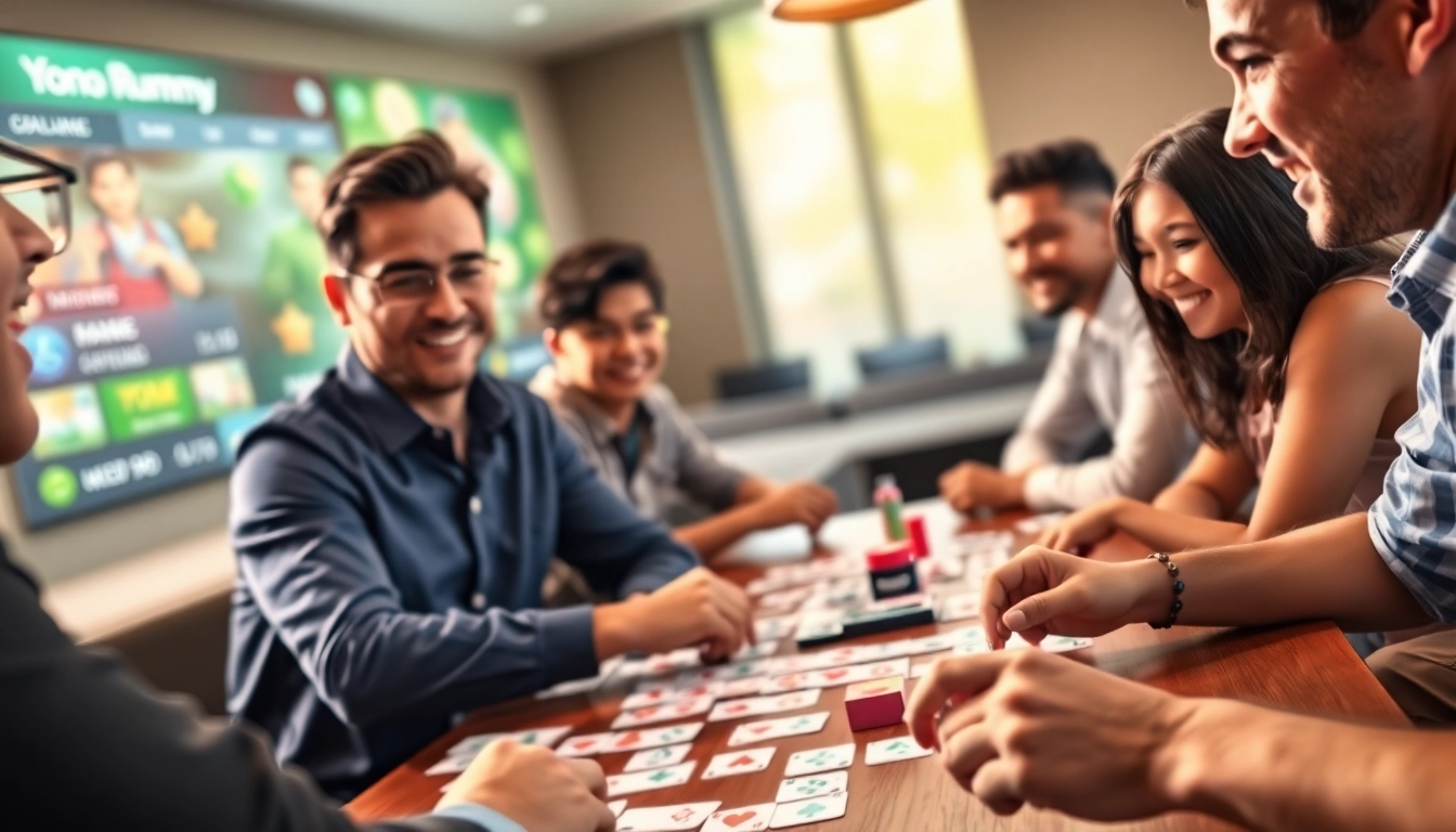 Engaged players enjoying a lively round of Yono Rummy with colorful cards and a gaming vibe.