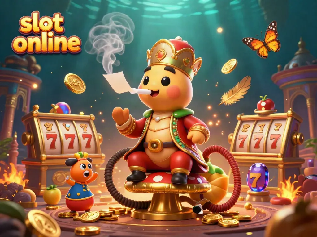 Engage in thrilling slot online games with vibrant imagery of a sultan caterpillar amidst slot reels and golden treasures.