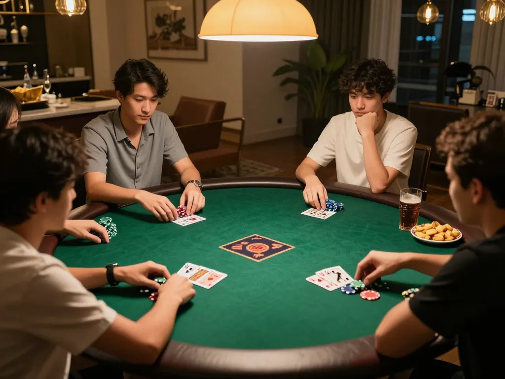 Engaged players enjoying Poker Uang Asli Dominobet at a cozy home game night with snacks and drinks.