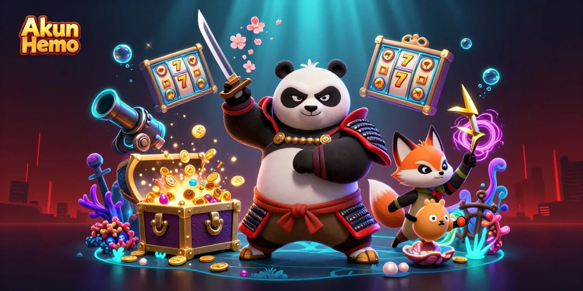 Spin the reels with Akun Demo in this vibrant 3D illustration, showcasing a samurai panda and dynamic gaming elements.