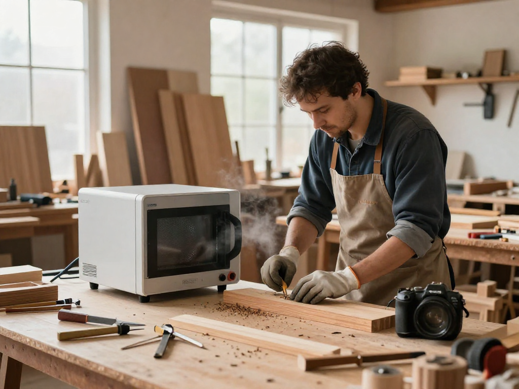 Technician using Shashel equipment to eliminate woodworms in a workshop.
