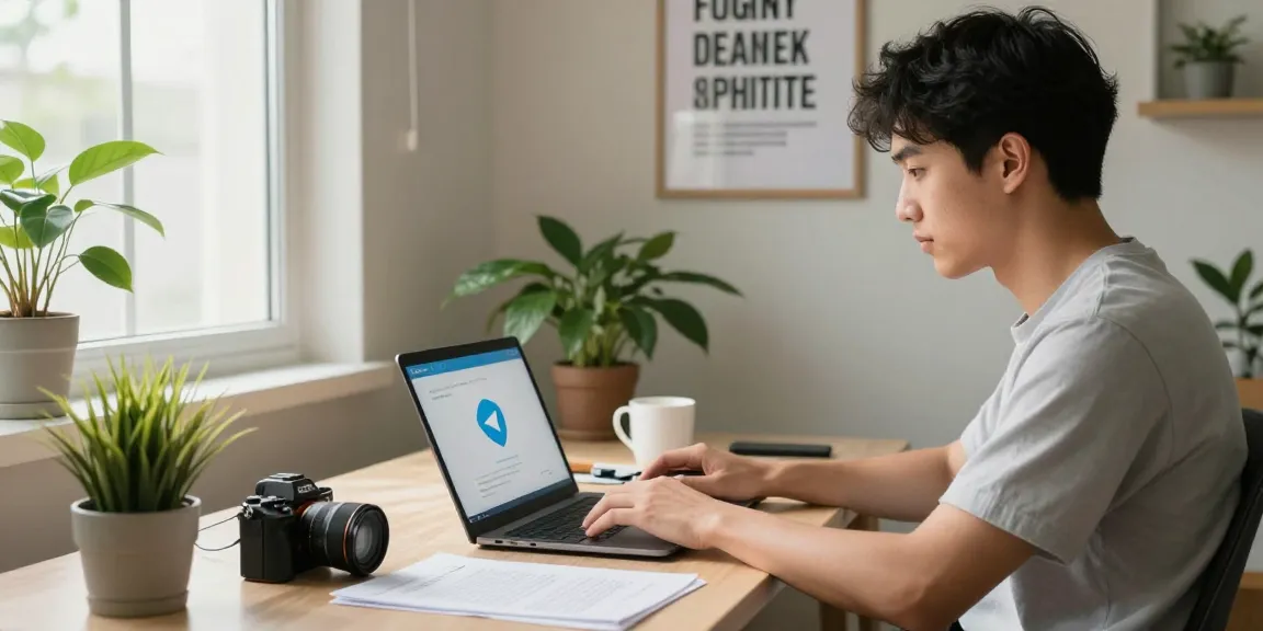 Young professional using the 纸飞机官网 on a modern laptop in a stylish home office.