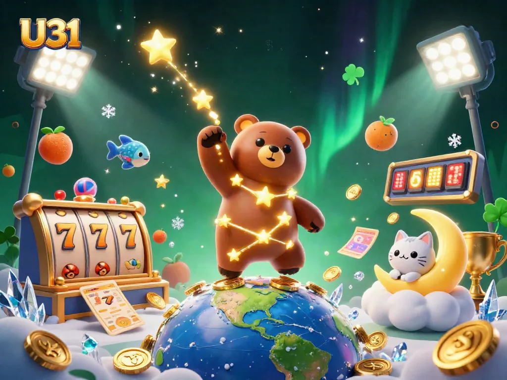 Engage with U31's vibrant online slots experience, showcasing golden stars and exciting characters.