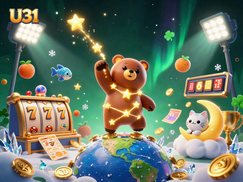 Engage with U31's vibrant online slots experience, showcasing golden stars and exciting characters.
