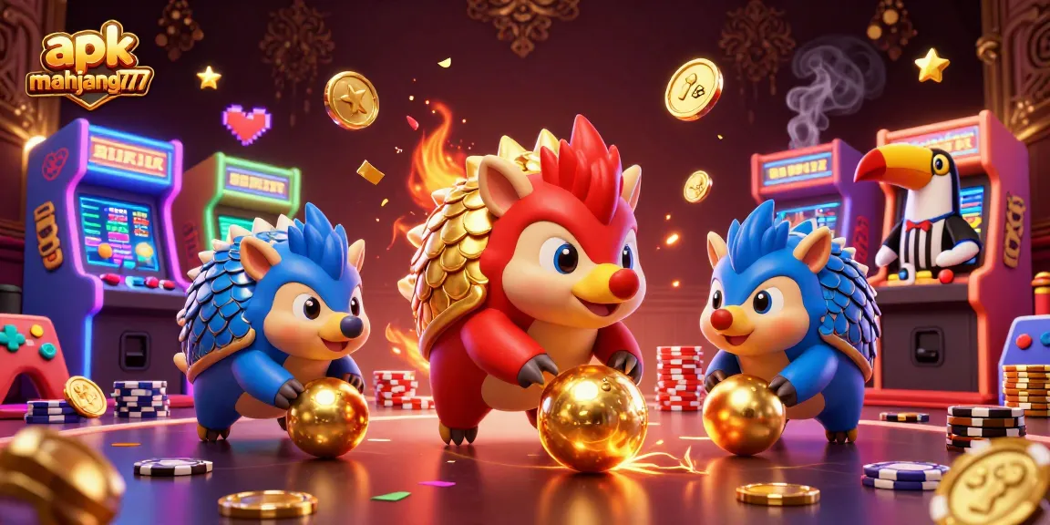 Play apk mahjong777 with animated pangolins in a vibrant casino scene filled with games.