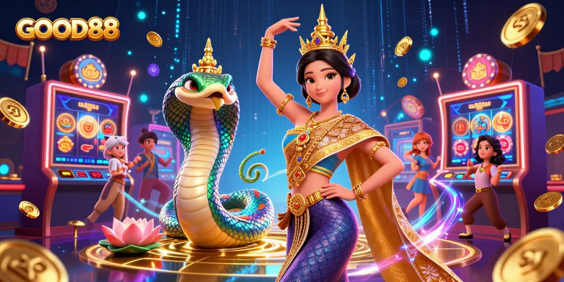Experience thrilling gameplay at GOOD88, featuring dynamic casino aesthetics with vibrant characters and golden coins.