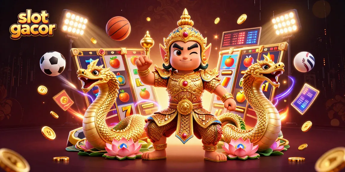 Engage with slot gacor strategies surrounded by vibrant 3D temple guardian and game elements in a dynamic casino scene.
