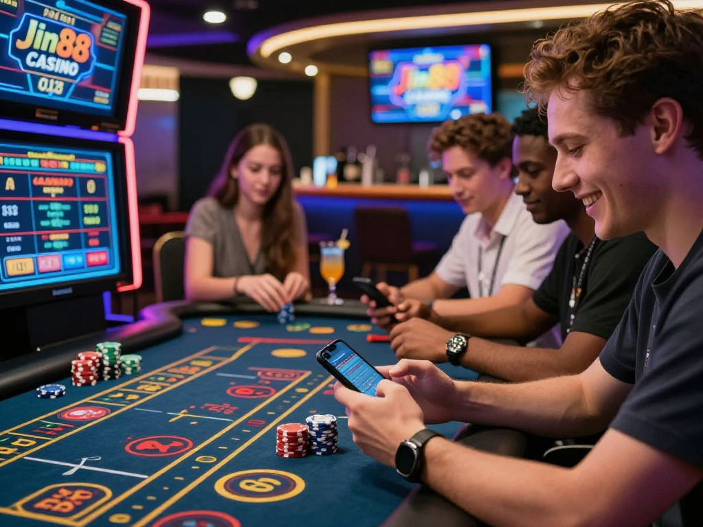 sòng bạc Jin88: Người chơi tham gia vào bàn game hiện đại với ánh sáng màu sắc và khung cảnh sôi động