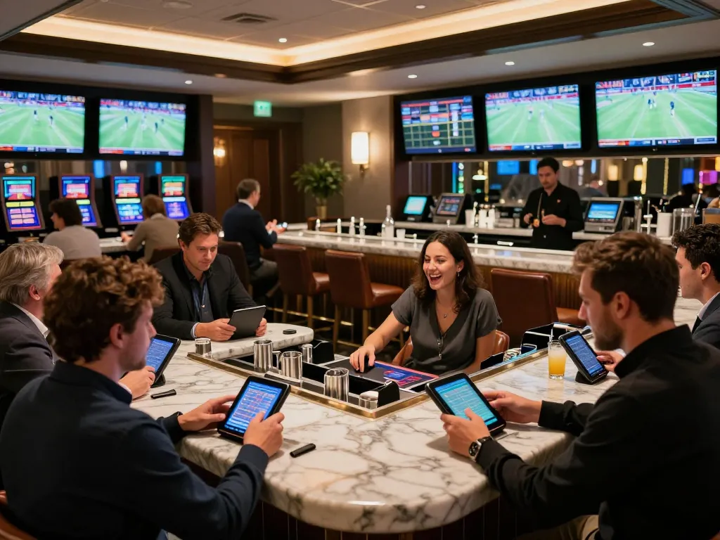Bongdalu sports betting lounge with patrons excitedly placing bets on live events