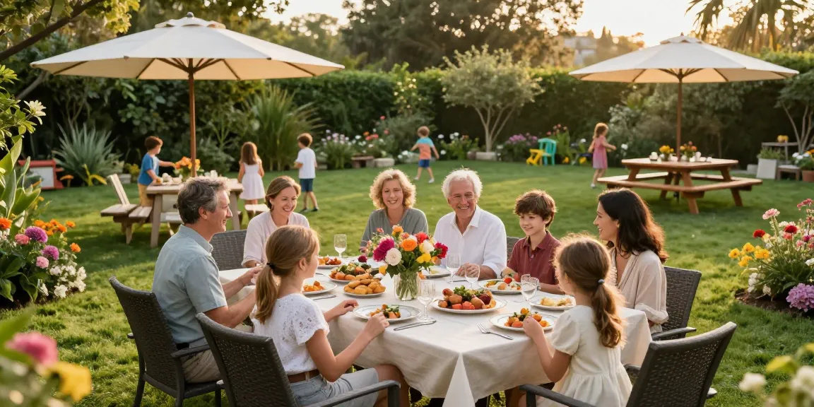 Stylish garden patio furniture set featuring a 9-piece dining arrangement, colorful floral backdrop, and family gathering.