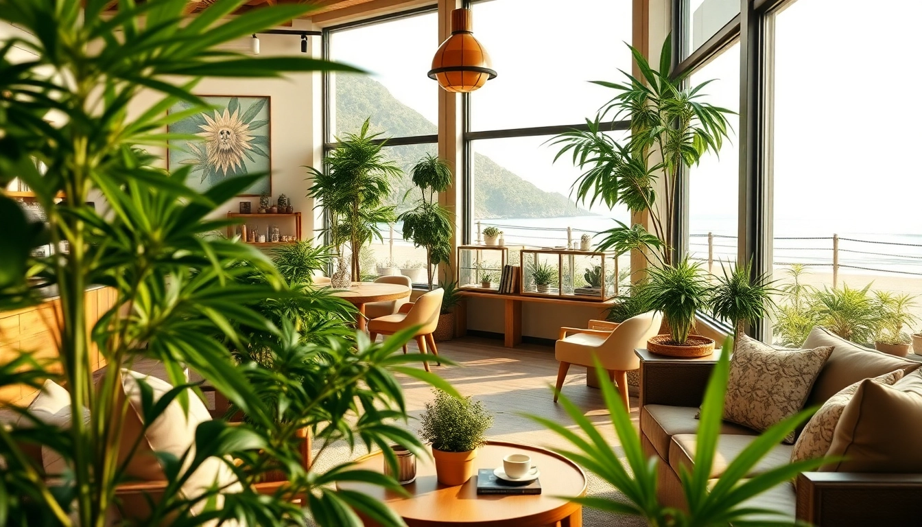 A vibrant scene at the Best Cannabis Club Lloret de Mar showcasing stylish seating and greenery.