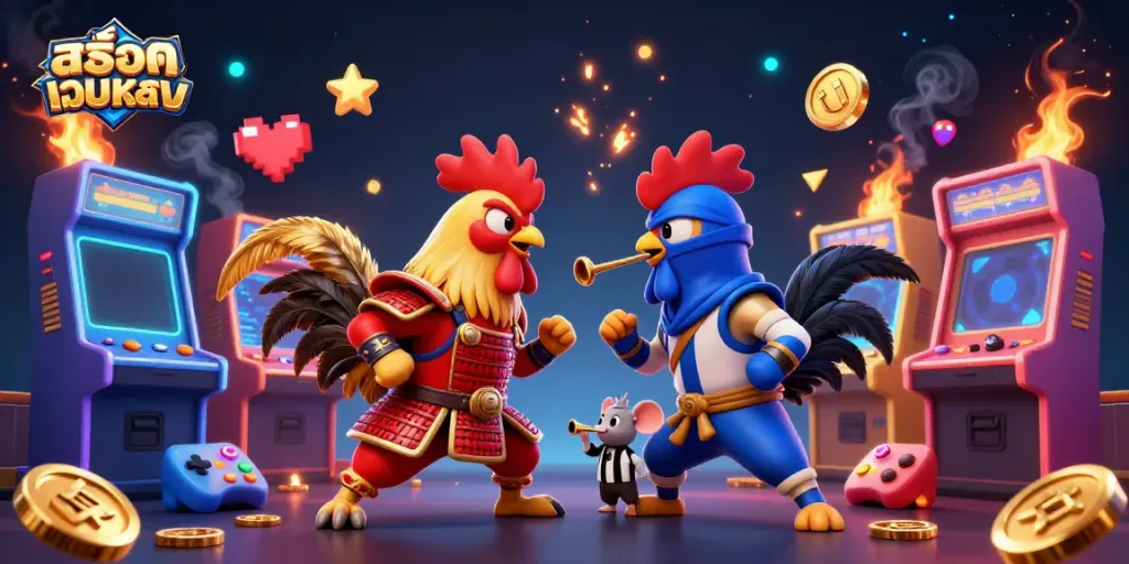 Experience the dynamic clash between colorful roosters amid vibrant gaming elements in สล็อตเว็บตรง action.