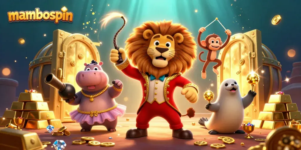 mambospin mengeksplorasi kekayaan dalam ilustrasi 3D sirkus kartun yang dinamis.