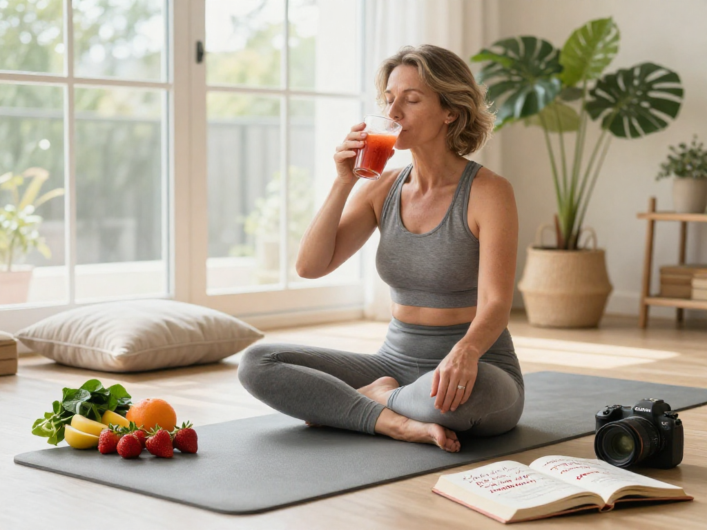 Mindful meditation with astaxanthin smoothie, fresh fruits, and wellness ambiance.