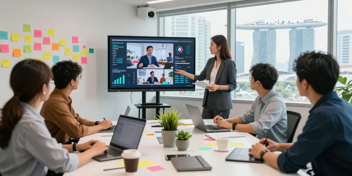 Video marketing agency Singapore team collaborating on video strategy in a modern office setting.