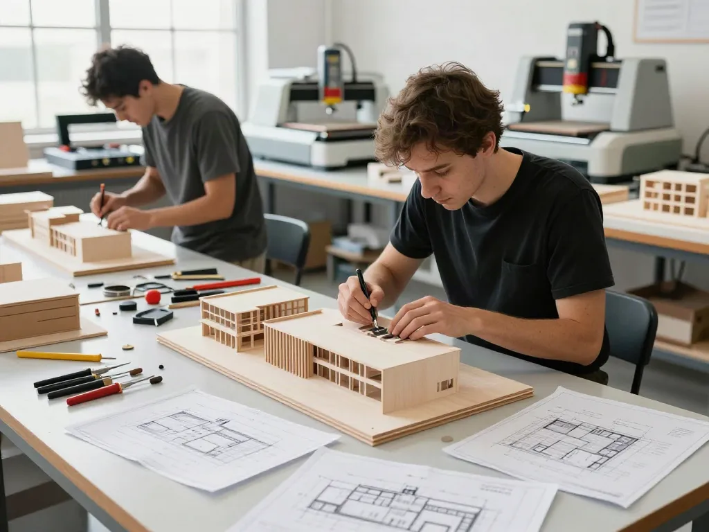 Präzise Architekturmodellbau-Umgebung in Berlin mit Handwerkern und Materialien.