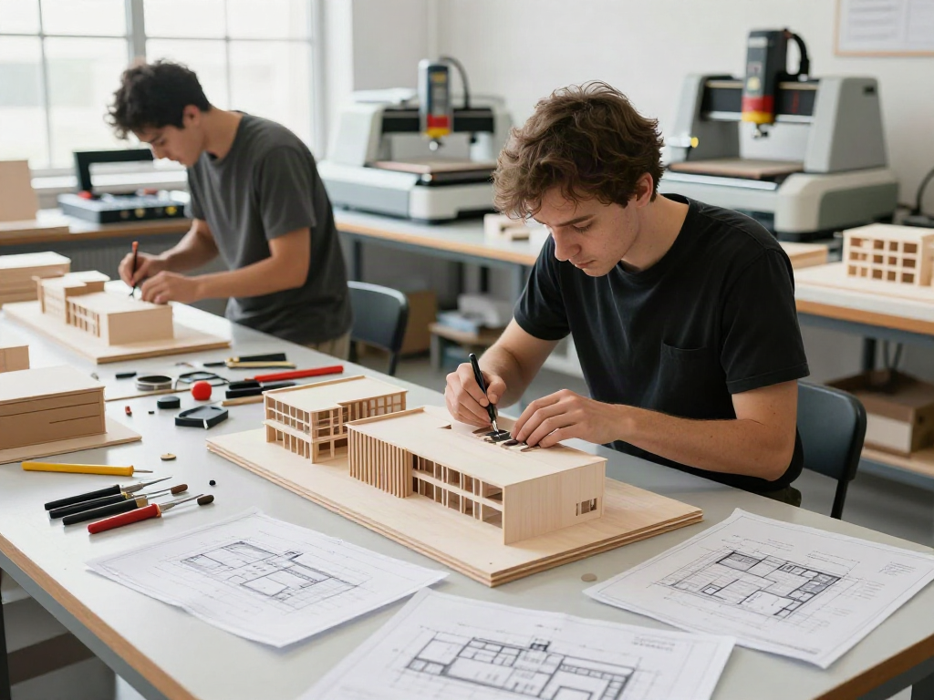 Präzise Architekturmodellbau-Umgebung in Berlin mit Handwerkern und Materialien.