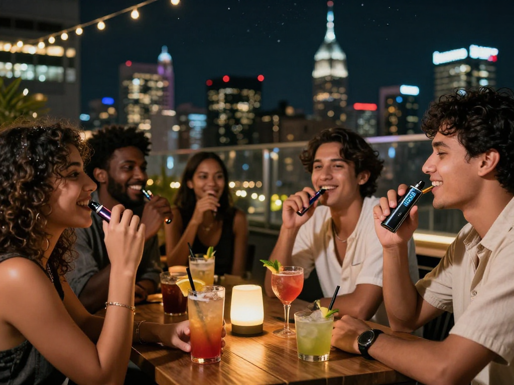 Friends enjoying vibrant nightlife featuring rokok88 vape device on rooftop bar