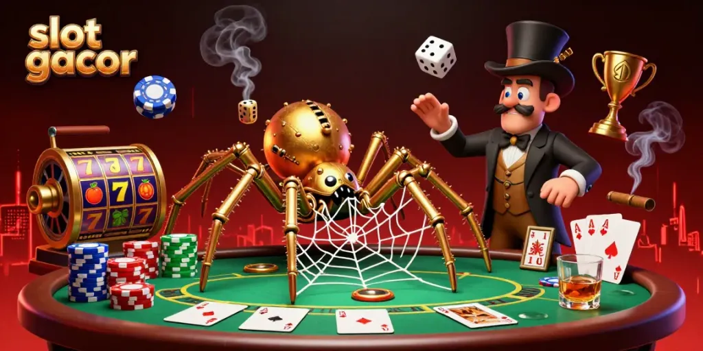 Experience the thrill of slot gacor with a steampunk spider weaving luck and fortune at a vibrant poker table.