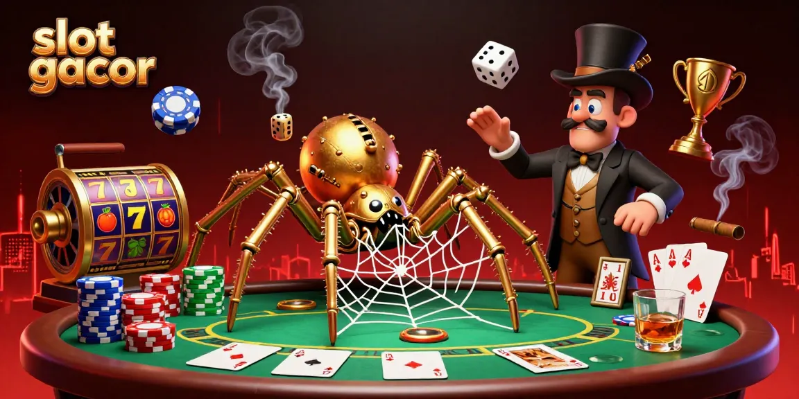 Experience the thrill of slot gacor with a steampunk spider weaving luck and fortune at a vibrant poker table.