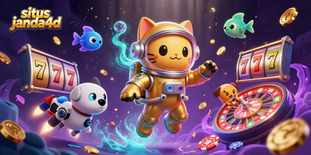 Menangkan jackpot dengan situs janda4d, ilustrasi kasino 3D yang menampilkan pengalaman bermain slot menarik.