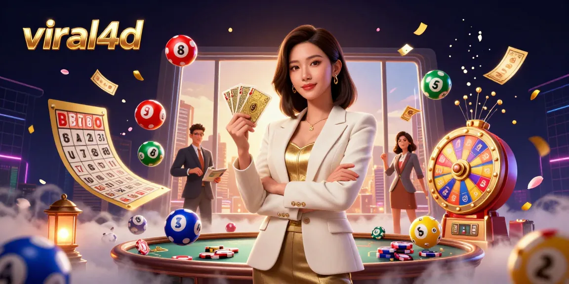 Experience the excitement of viral4d with a glamorous Asian woman surrounded by vibrant casino elements.