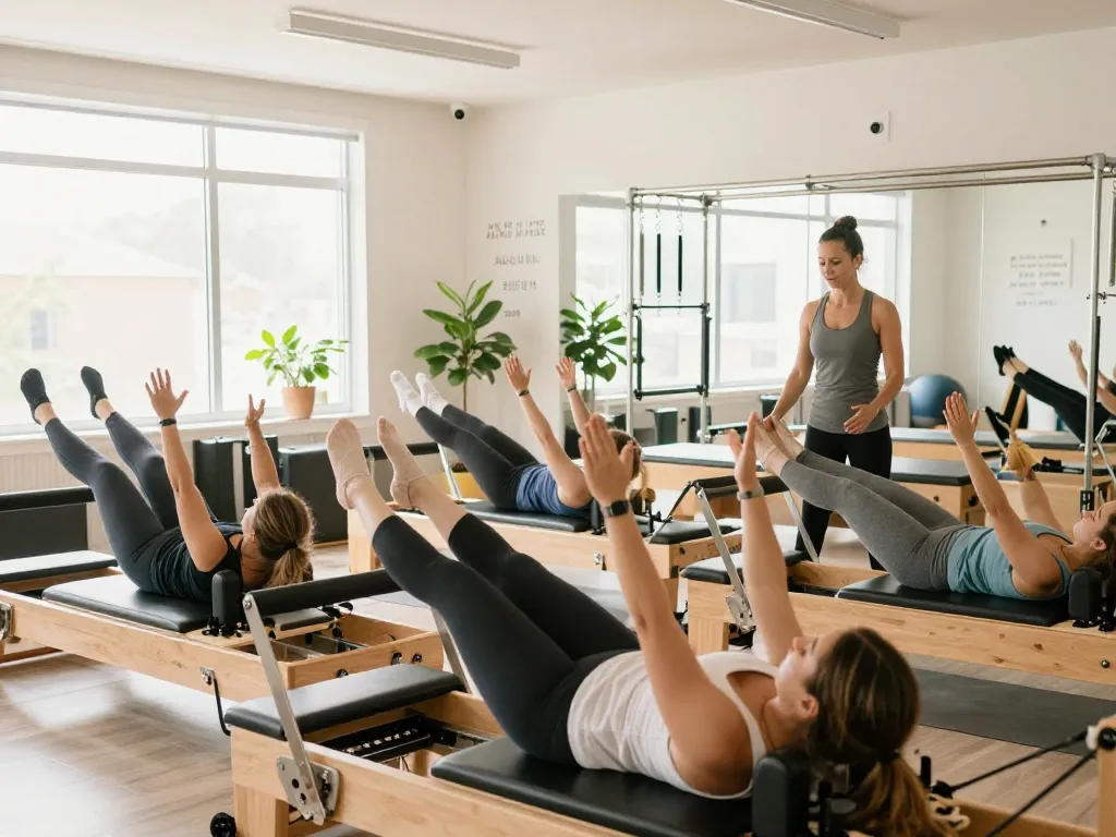 Zen Place Pilates口コミのシーン、参加者が多様なピラティスクラスに参加している様子を示し、コミュニティとウェルネスを強調しています。
