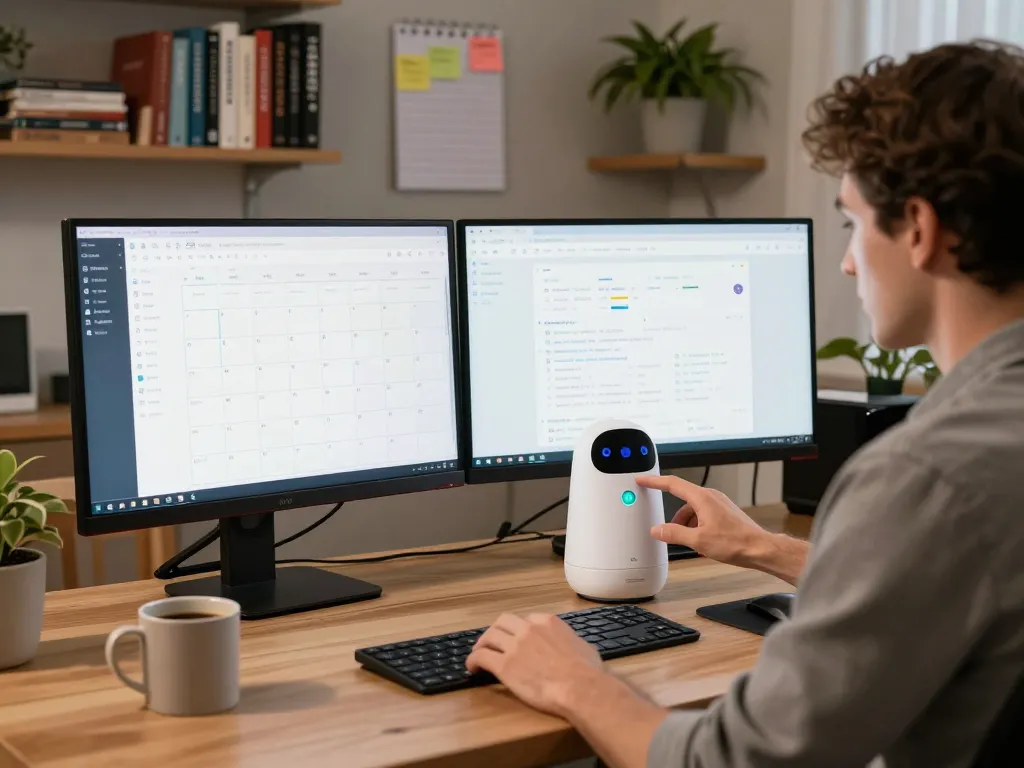 Person managing tasks with clawbot AI assistant in a tech workspace.