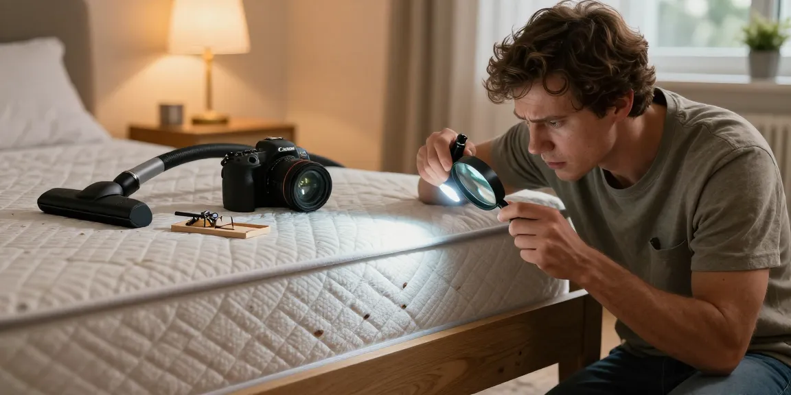 Detailed inspection for bed bug removal in cozy bedroom setting.