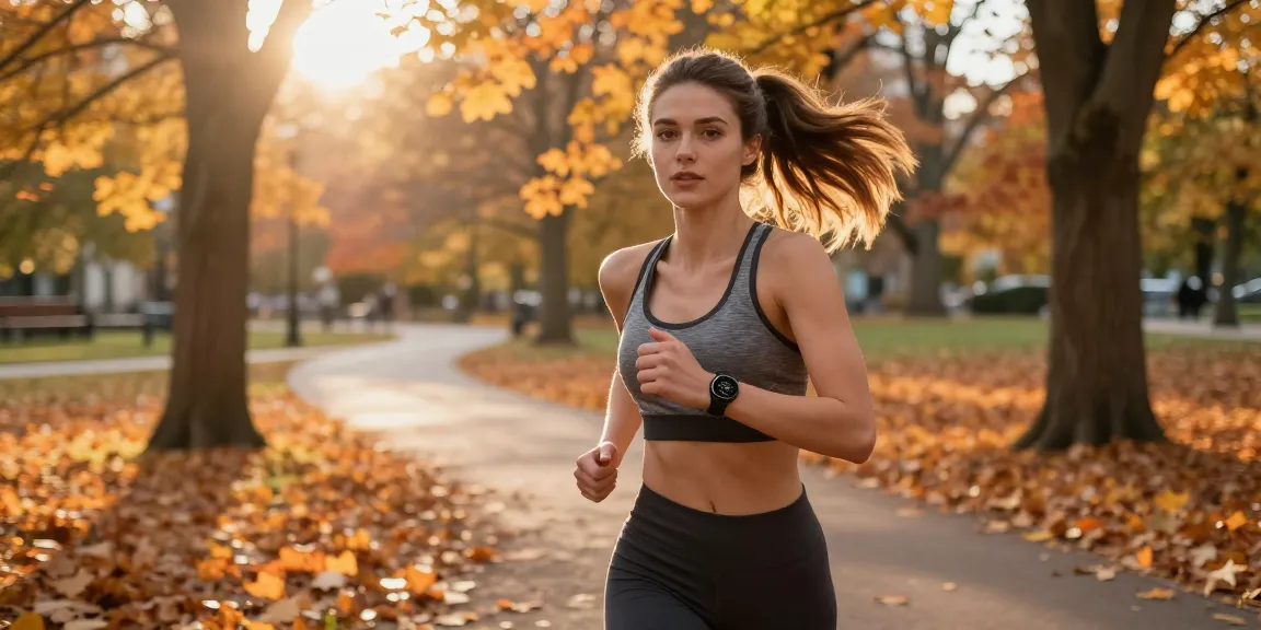 Wanita sporty menggunakan Fitbit Luxe saat berlari di taman dengan suasana musim gugur, menyoroti gaya hidup sehat di https://www.polarfitbitshop.com/fitbit-luxe/.