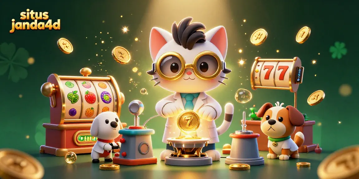 Gambaran dinamis karakter situs janda4d dengan ilmuwan kucing menciptakan mesin koin emas.
