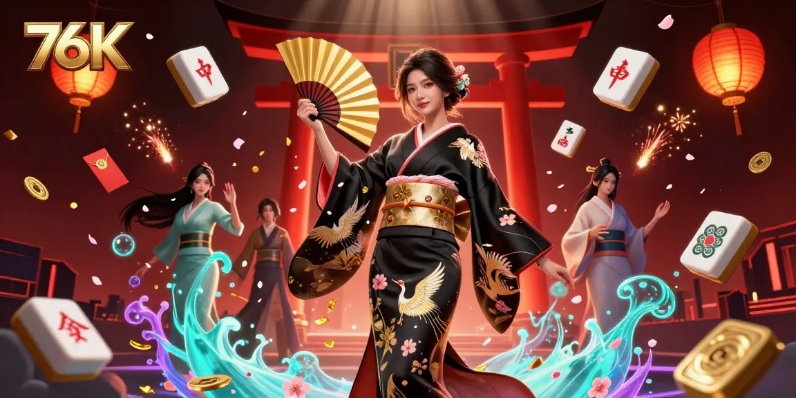 Experience the thrill of 76K with a stunning illustration of a beautifully dressed Asian woman amidst vibrant casino elements.