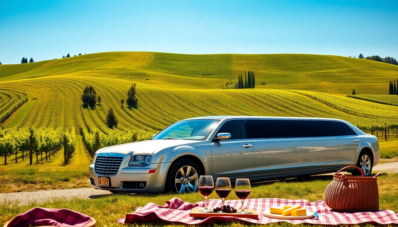 Experience a luxurious Langley wine tour limo surrounded by beautiful vineyards and a scenic picnic setup.
