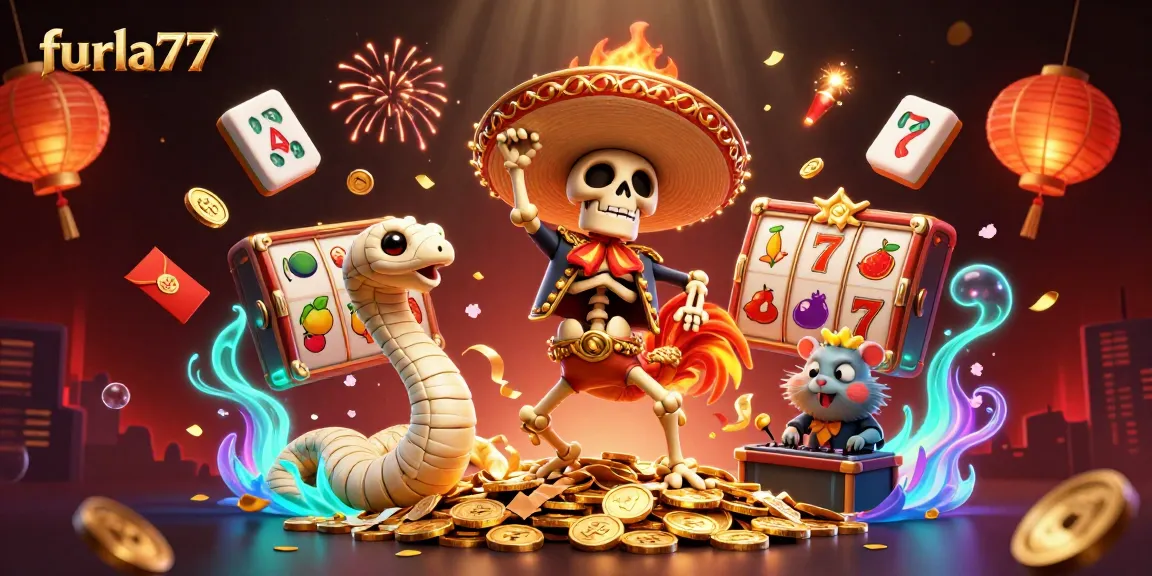 Experience animated excitement with furla77, showcasing a victorious mariachi rooster amidst vibrant slot elements.
