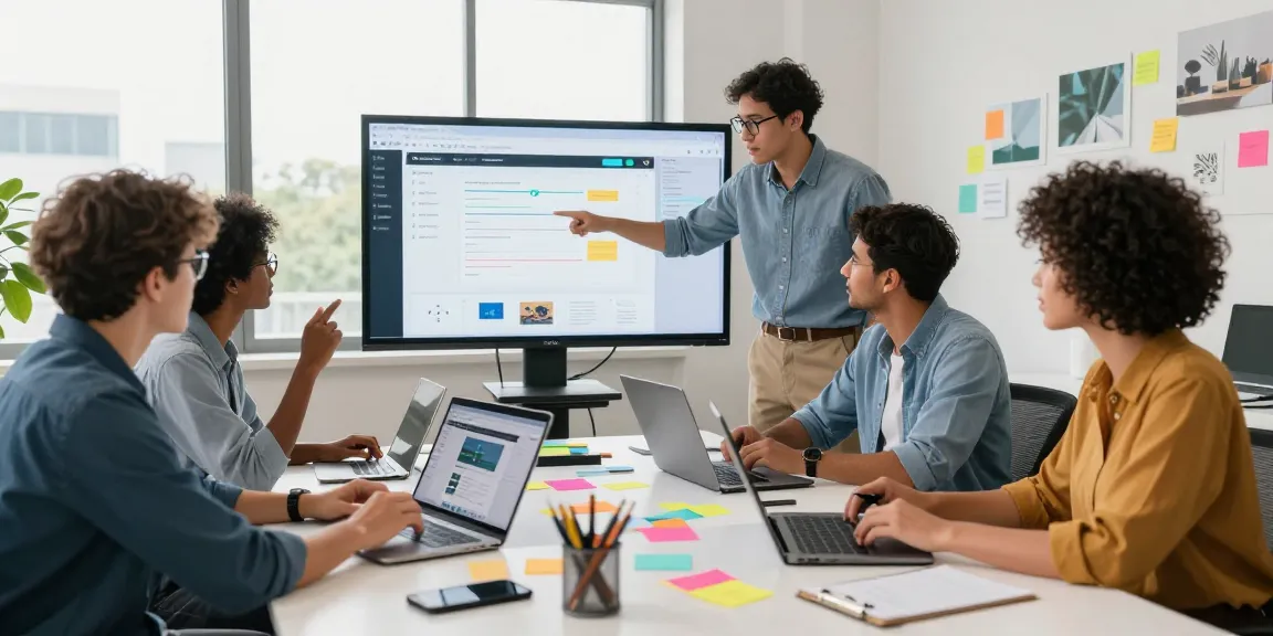 Team collaborating on web design services with mockups in a modern office.