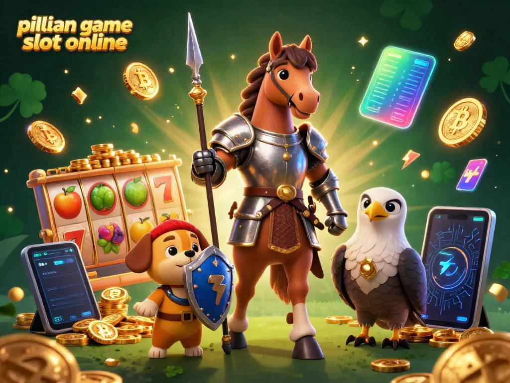 Gambarkan pilihan game slot online dengan karakter ksatria, anjing squire, dan burung rajawali dalam suasana kasino yang berkilauan.