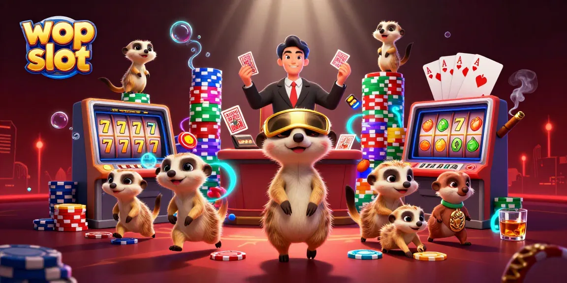 Memenangkan permainan wop slot dengan koloni meerkat yang beroperasi di kasino, dikelilingi elemen slot yang menakjubkan.