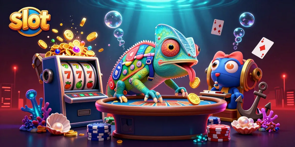 Slot online penuh warna dengan karakter chameleon dan simbol keberuntungan yang berkilau.
