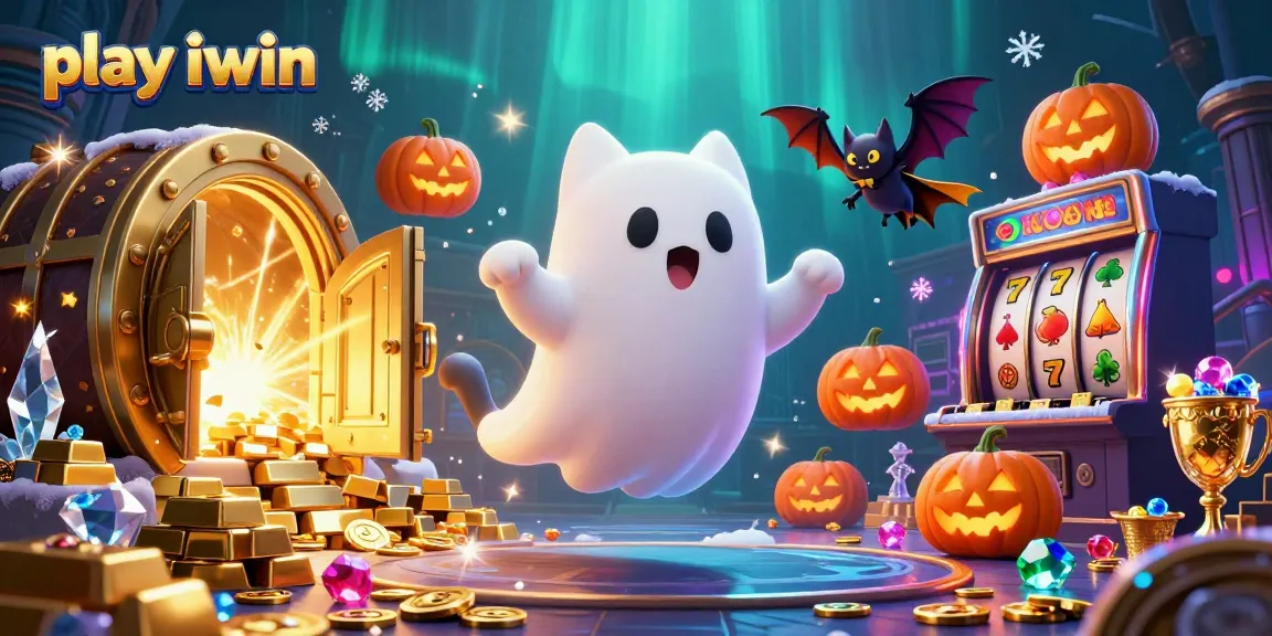 Play iwin in a haunted casino with a ghost cat and vampire bat amidst vibrant treasure and slot machines.