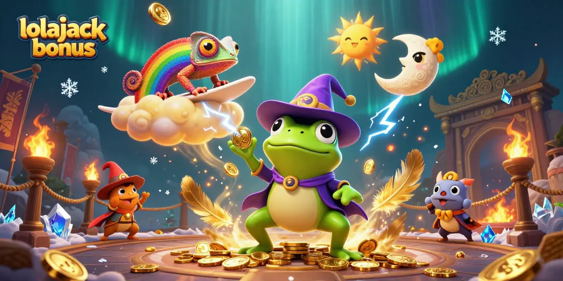 Experience the excitement of the lolajack bonus with a vibrant 3D scene filled with coins, wizards, and chameleons.