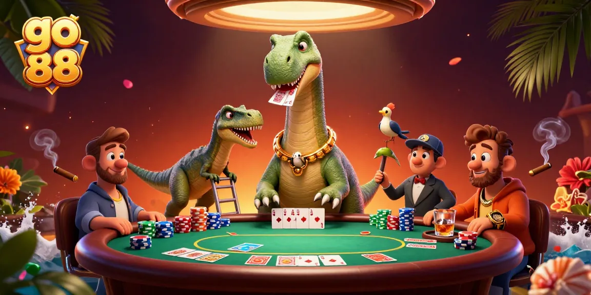 Experience the excitement of go 88 with a vibrant casino scene featuring dinosaurs and poker elements.