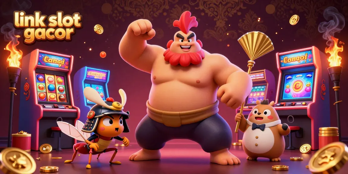 Mengaktifkan "link slot gacor" dengan seorang pegulat sumo dan simbol mesin slot yang berlebihan.
