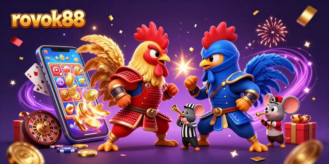 Engage with rokok88's vibrant gaming environment featuring dynamic roosters in a standoff.
