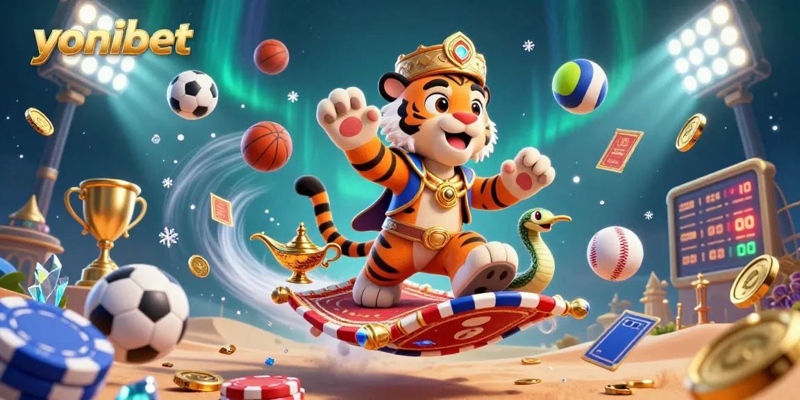 Experience the action of yonibet with a vibrant 3D casino scene filled with games and excitement.
