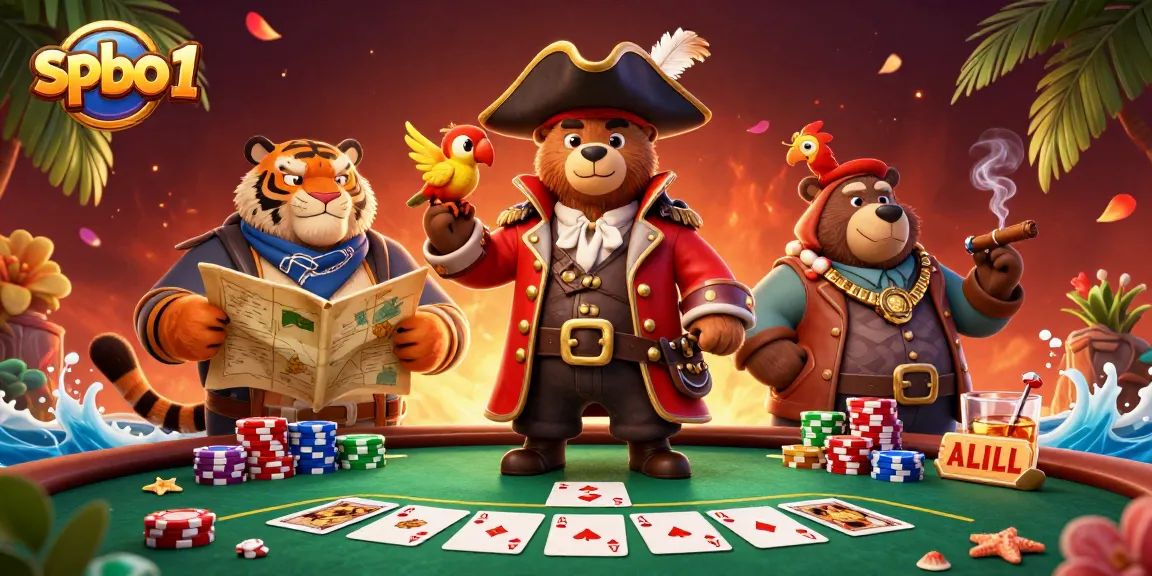 Engage with thrilling poker action at spbo 1, featuring a pirate captain bear and friends with colorful chips and cards.
