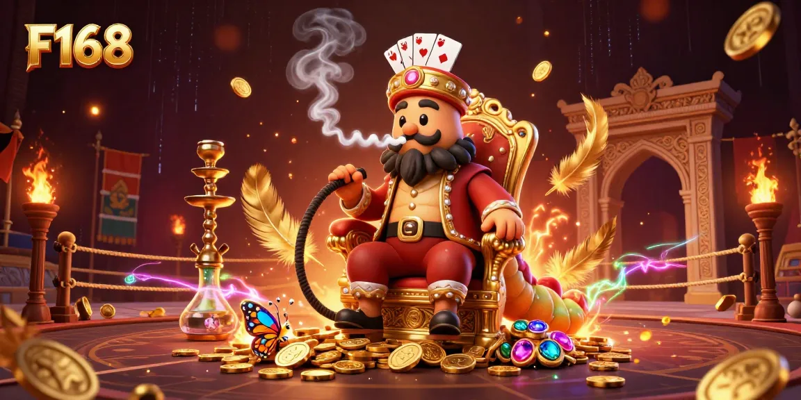 Experience F168's vibrant casino atmosphere with a 3D caterpillar hookah-master and gem-studded visuals.