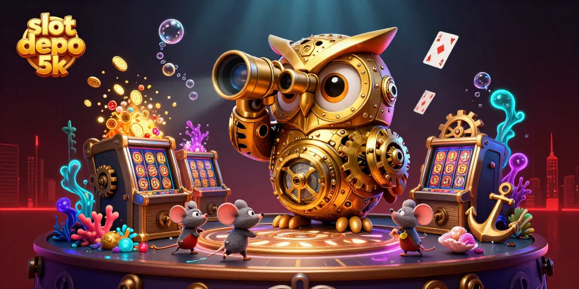 Engage with slot depo 5k's rich casino experience, featuring golden owl and animated slot machine scenes.