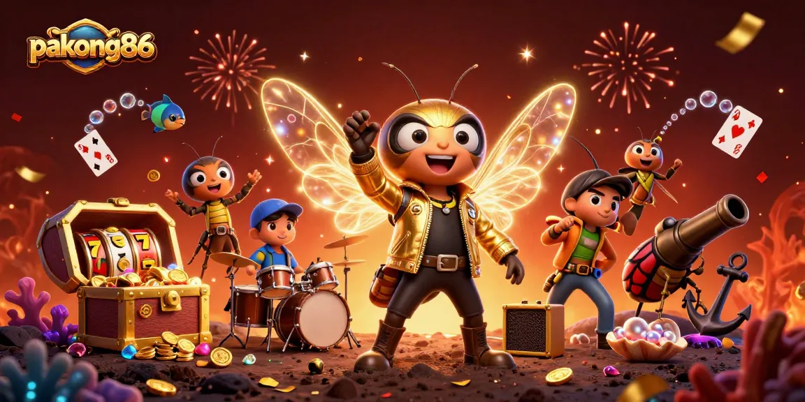 pakong86 showcases a vibrant 3D illustration of a cicada rock star and casino-themed elements.